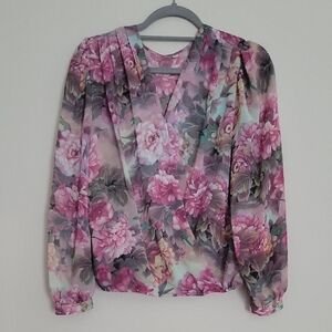 Pink and Gray Pleated Blouse with Relaxed Sleeves